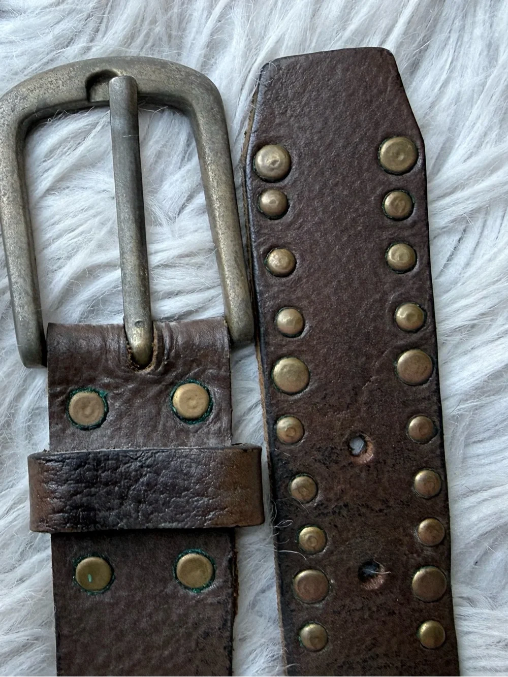 Vintage Linea Pelle Studded Leather Belt Brown Brass Rivets Distressed Boho